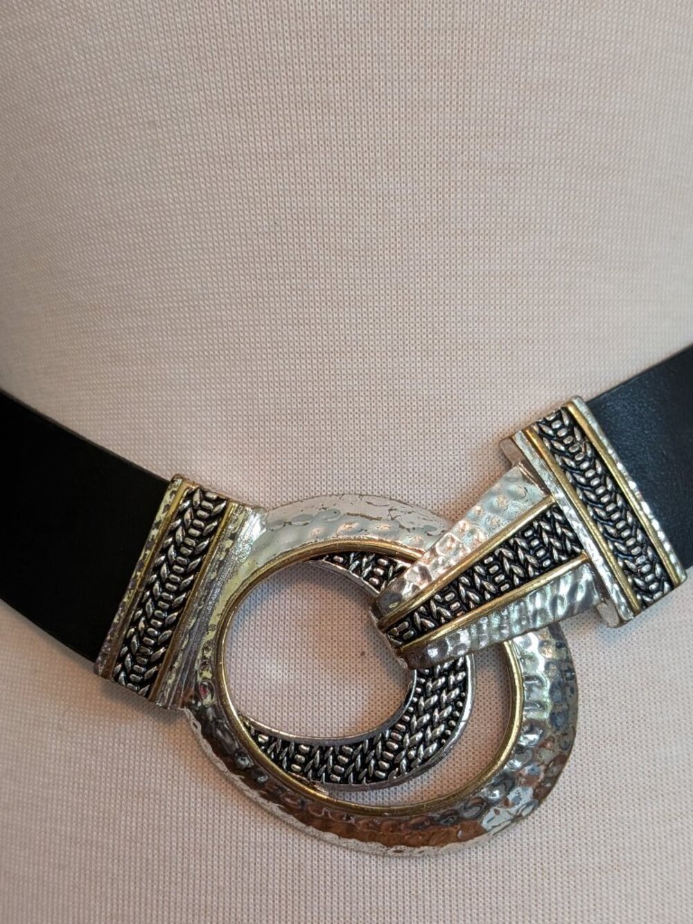 Chico's Black Leather Belt with Hammered Silver & Gold-Tone Hook Buckle